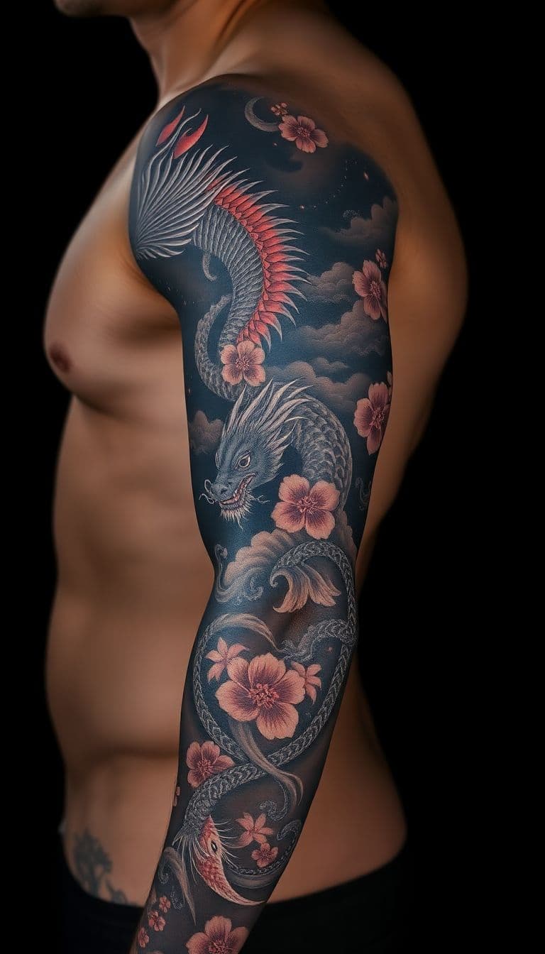 AI generated full sleeve tattoo design - Japanese irezumi style with dragon, koi fish and cherry blossoms