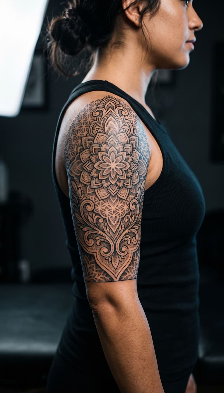 AI generated half sleeve tattoo design - geometric mandala with sacred geometry and dotwork
