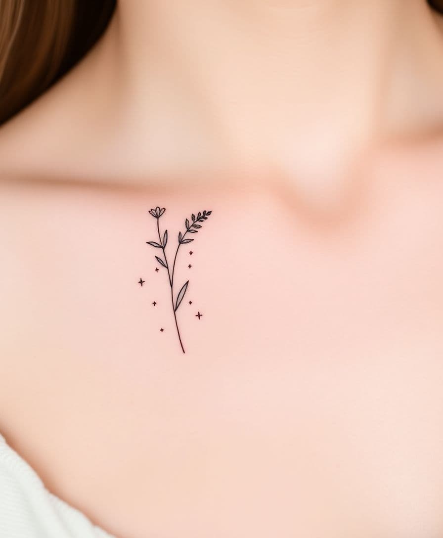 Minimalist fine line tattoo design - delicate botanical flowers, simple geometric shapes, elegant small tattoos