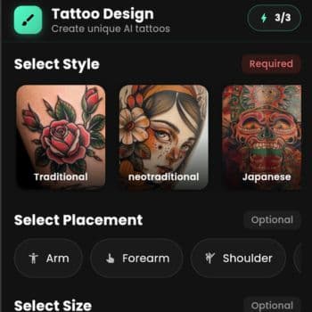 AI tattoo styles selection - Traditional, Japanese, Tribal, Minimalist, Geometric tattoo options
